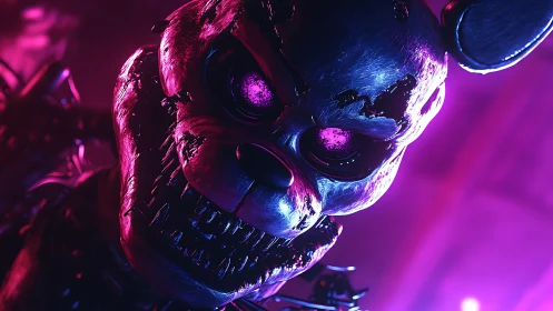 Metallic rabbit animatronic head is lit by magenta light