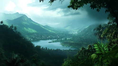 Digital rendering shows misty valley with lake and hills