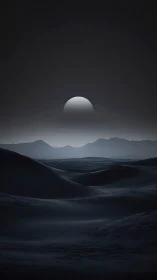 Lunar sphere rises above shadowed desert dunes at night.