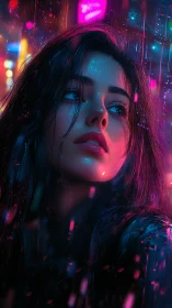 Woman in neon city rain under vivid blue and pink lights.