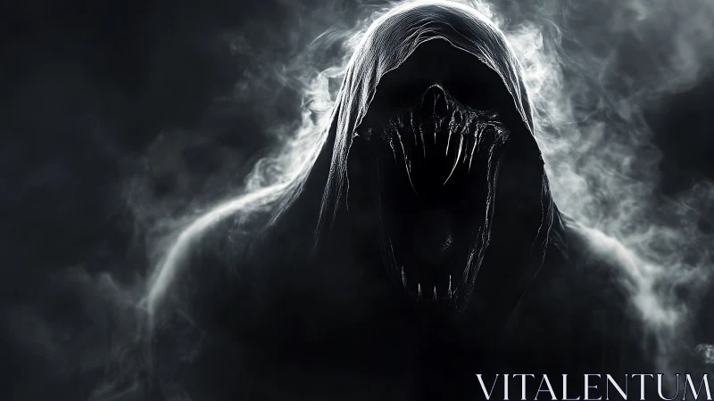 Hooded wraith emerges from swirling smoke in stark monochrome