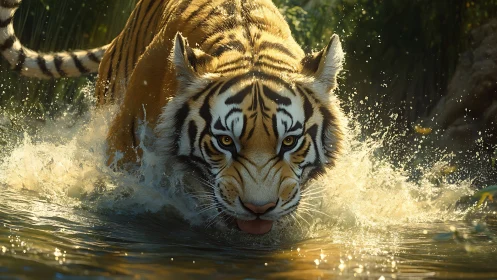 Predatory tiger charges through sunlit river in sharp focus