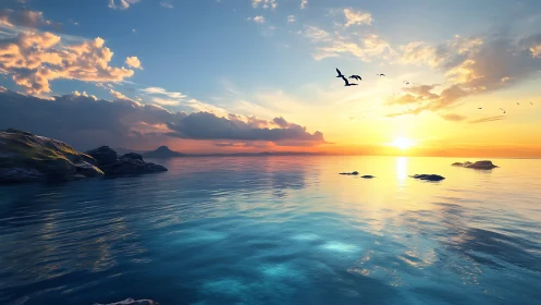 Coastal horizon with low sun, birds in flight, and calm sea.