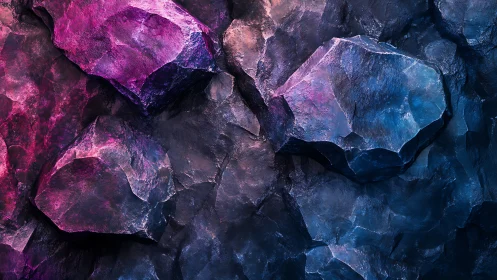 Neon lit mineral rock wall with faceted textured surfaces.