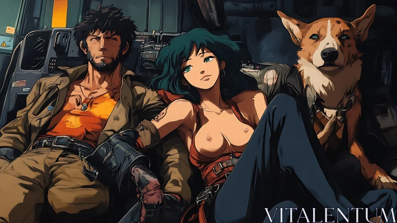 Post-mission cockpit downtime with cybernetic drifters and dog.