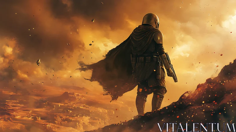 Lone armored wanderer surveys a burning stormlit frontier