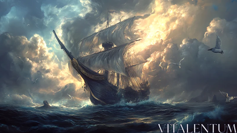 Tall ship under storm clouds cuts through rough ocean waves