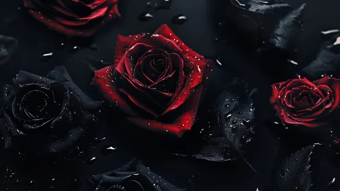 Red and Black Roses with Moisture on Dark Surface