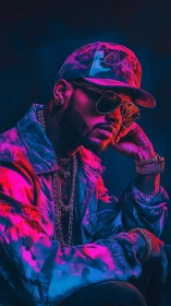 Neon lit man in shades relaxes in bold urban street style