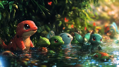 Digital painting woodland creatures in luminous forest pool.