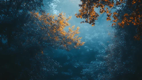 Bicolor forest canopy with volumetric fog and warm rim lighting.