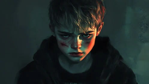Bruised boy portrait under harsh cinematic teal lighting.