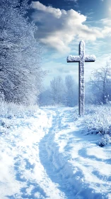 Snow covered cross stands beside winter forest path