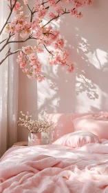 Soft pink bedroom with cherry blossom wall shadows in light.