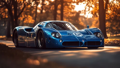 Low-slung blue endurance racer under warm backlit autumn canopy