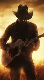 Lone cowboy guitarist silhouetted in golden sunset field.