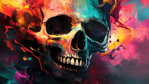 Flaming neon skull emerges from chaotic abstract colors.