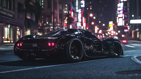 Sleek black sports car on empty neon lit city street at night.