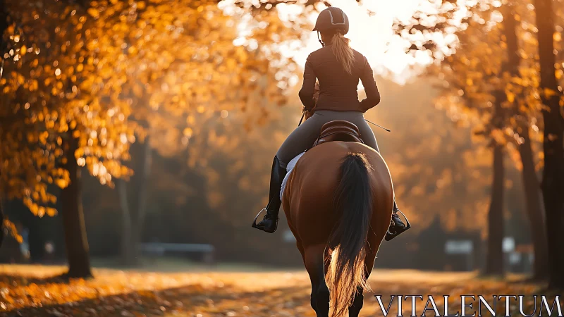 Equestrian rider in autumnal backlit forest path scene.