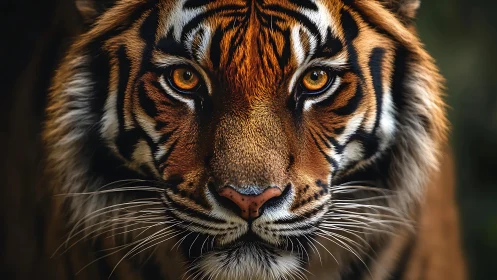 Tiger face captured in sharp frontal close-up portrait view