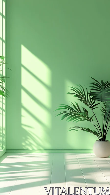 Minimalist mint interior with potted palm and hard light shadows.