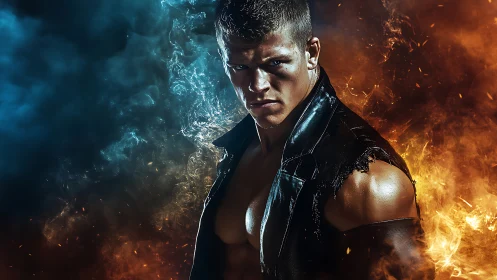 Intense warrior stands between blazing fire and cool smoke