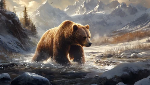 Golden mountain bear wades through winter-sparked river.