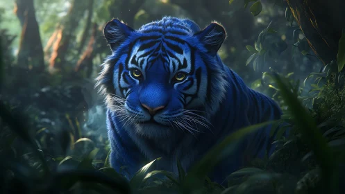 Blue tiger resting in dense green jungle foliage at dusk.
