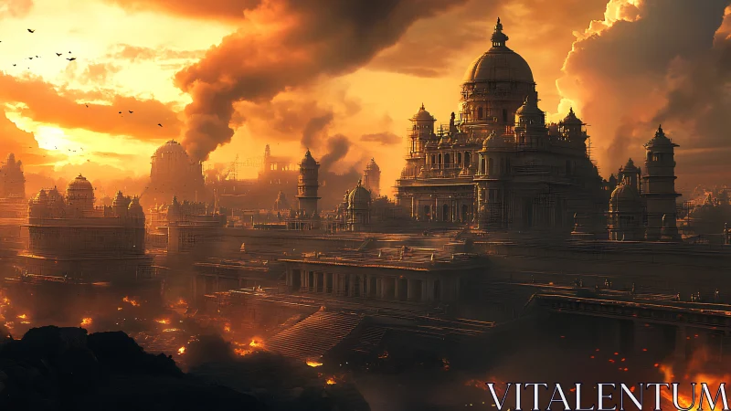 Burning sun crowns a crumbling temple city in molten dusk