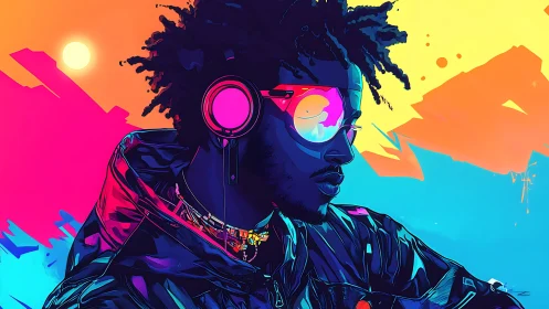 Neon dusk cradles a headphone hero in prismatic grooves