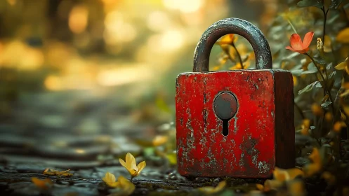 Weathered red padlock amid shallow‑focus woodland flora.