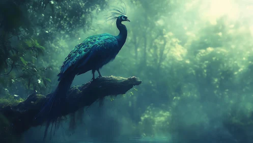 Mystic teal peacock pausing above a mist-drowned forest pool.