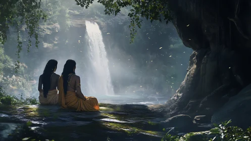Serene friends resting by a misty waterfall in soft light.