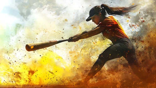 Dynamic softball batter in mid swing with explosive color dust