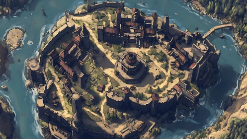 Aerial digital painting of fortified river citadel in sunlight