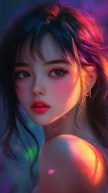 Digital portrait of young woman in colorful rim light.