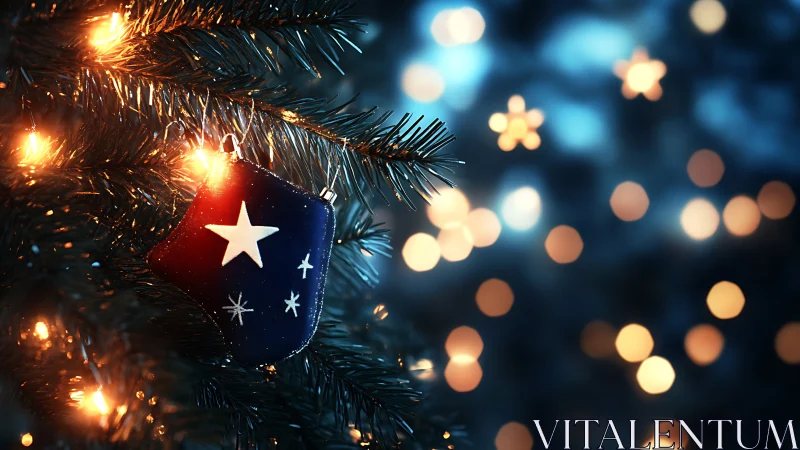 Christmas tree ornament with glowing festive lights at night.