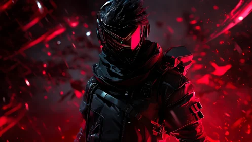 Cybernetic rogue in red-lit futuristic battlefield.