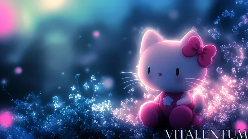 Glow-kissed kitty toy resting in a dreamy neon garden.