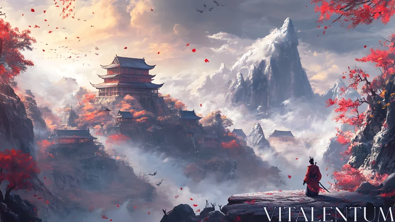 Samurai observing mountain temple valley in autumn mist.