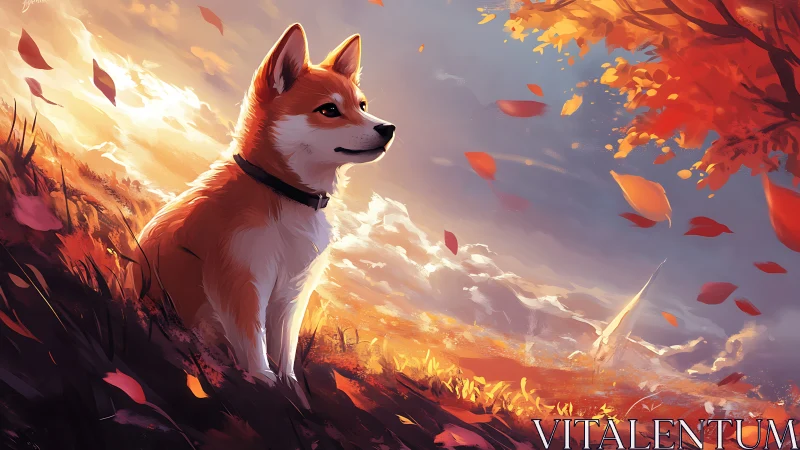 Shiba dog watches glowing autumn landscape at sunset