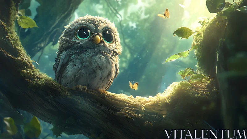 Adorable baby owl in magical forest, fantasy digital art rendering.