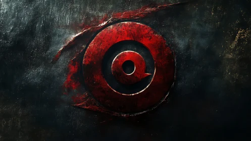 Red metallic eye emblem cuts through dark textured steel.