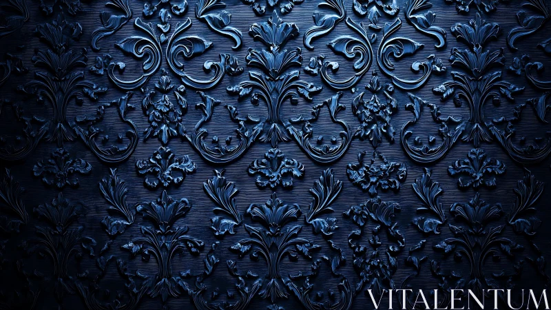 Midnight baroque relief pattern with sculpted floral scrolls.