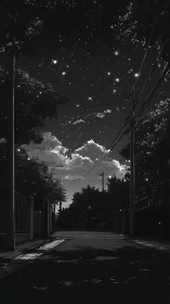 Monochrome suburban nightscape with luminous starfield sky.