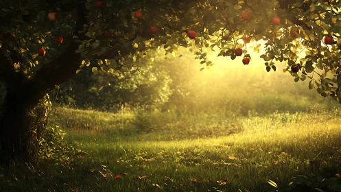 Sunlit apple orchard under warm golden evening backlight.