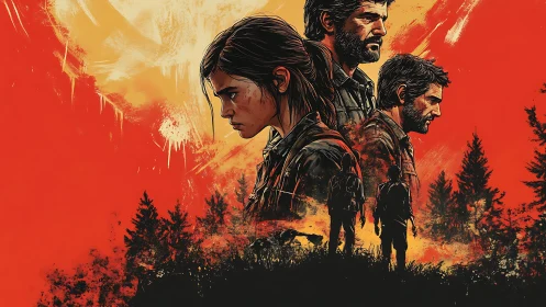 Painted triptych of figures over red landscape forms