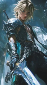 Silver-haired fantasy swordsman stands in ethereal storm.