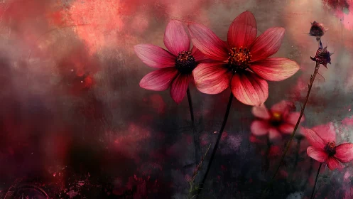 Red Cosmos Blooms in Atmospheric Dreamscape.