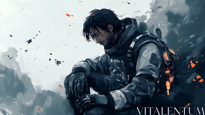 Solitary sci fi soldier rendered in moody cinematic digital painting